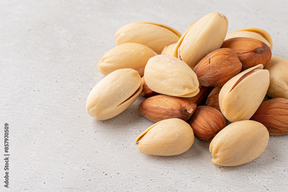 A close-up of a pile of pistachios on a light gray surface. The nuts are arranged in a casual manner. photo A close-up of a pile of pistachios on a light gray surface. The nuts are arranged in a casual manner. photo
