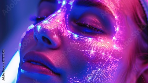 A woman with a glowing face is shown in a purple and blue light. Concept of futuristic technology and a futuristic, otherworldly appearance