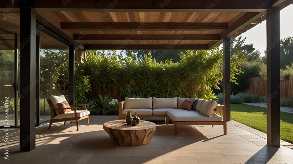 Contemporary architecture and natural elements in an outdoor living space. Contemporary architecture and natural elements in an outdoor living space.