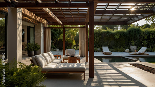 Contemporary architecture and natural elements in an outdoor living space.