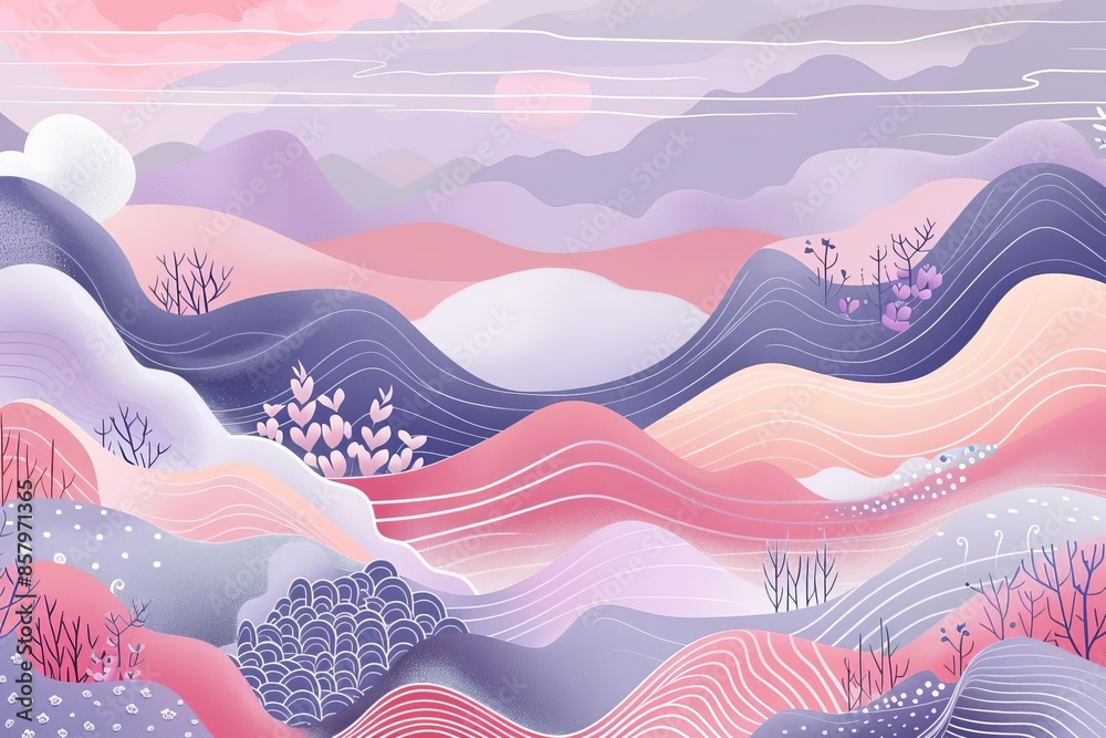 Abstract Landscape with Colorful Hills and Snowflakes Abstract Landscape with Colorful Hills and Snowflakes