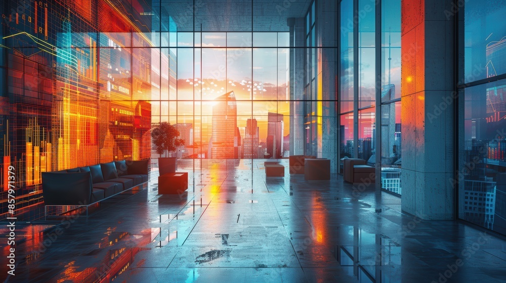 A large, empty room with a view of the city. The room is filled with furniture and has a modern, minimalist design. The walls are covered in colorful patterns and the floor is made of concrete A large, empty room with a view of the city. The room is filled with furniture and has a modern, minimalist design. The walls are covered in colorful patterns and the floor is made of concrete