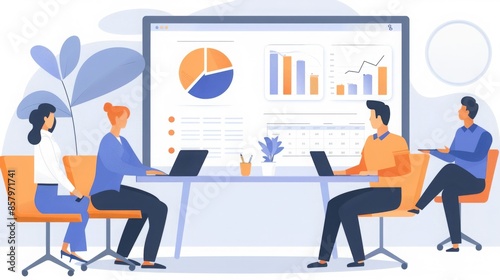 Illustration of a team collaborating on data analysis with charts and graphs displayed on a screen in a modern office setting. © Zyariss