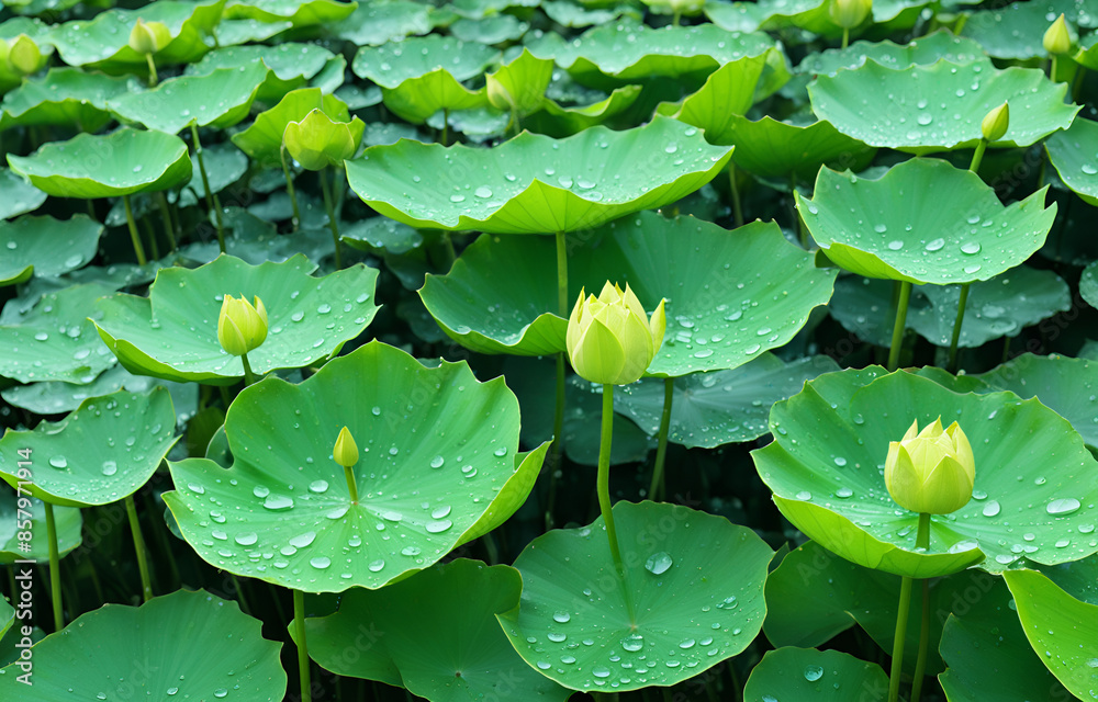 Lotus Pond Photography, upward angle, lotus leaves, water surface, duckweed, blue sky, high saturation, natural light, fresh green, Lotus Pond Photography, upward angle, lotus leaves, water surface, duckweed, blue sky, high saturation, natural light, fresh green,