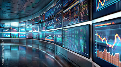 A large Wall with monitors in a room with stock market data and financial investments information
