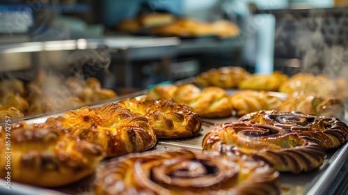 An enticing display of freshly baked pastries glimmers under the warm light of a bakery, inviting a delightful indulgence