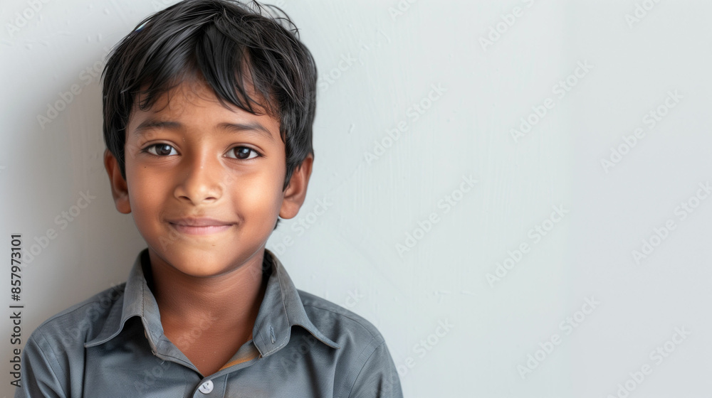 Young boy standing in front of white wall Young boy standing in front of white wall