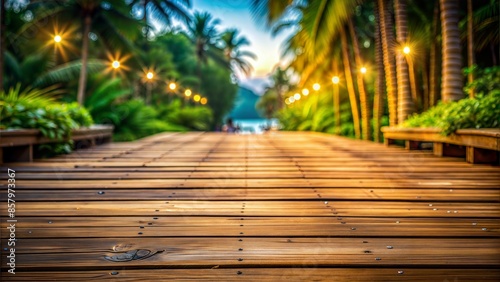 Wooden Boardwalk Blur: A blurred background of a wooden boardwalk, offering a unique and stylish setting for product presentations.  © No
