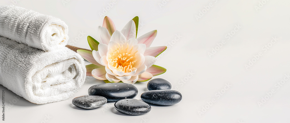 Spa still life with lotus flower and spa stones on white background Spa still life with lotus flower and spa stones on white background