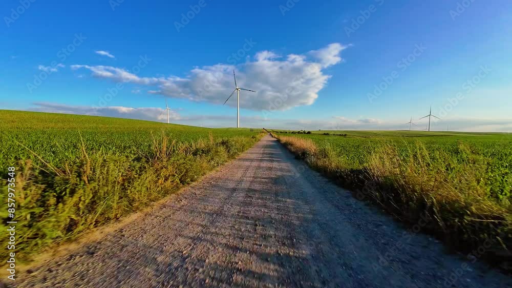 Point of view vehicle scenic driving by dirty country road with windmills besides at Poland. Only road ahead with driving and POV landscapes, Travel, active leisure, adventures, energy Point of view vehicle scenic driving by dirty country road with windmills besides at Poland. Only road ahead with driving and POV landscapes, Travel, active leisure, adventures, energy
