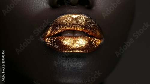 Close-Up of Woman Wearing Metallic Gold Lipstick with Bold Style and Modern Art