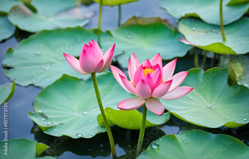A pink lotus flower bud, water droplets on it, reflection in the pond below, beautiful colors, delicate details, macro photography