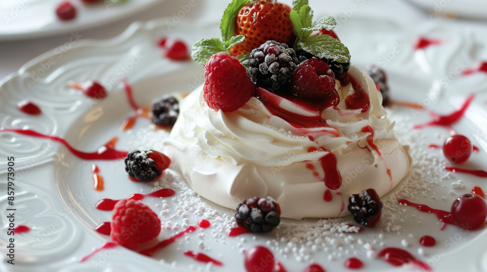a pavlova topped with whipped cream, fresh berries, and a drizzle of raspberry sauce a pavlova topped with whipped cream, fresh berries, and a drizzle of raspberry sauce