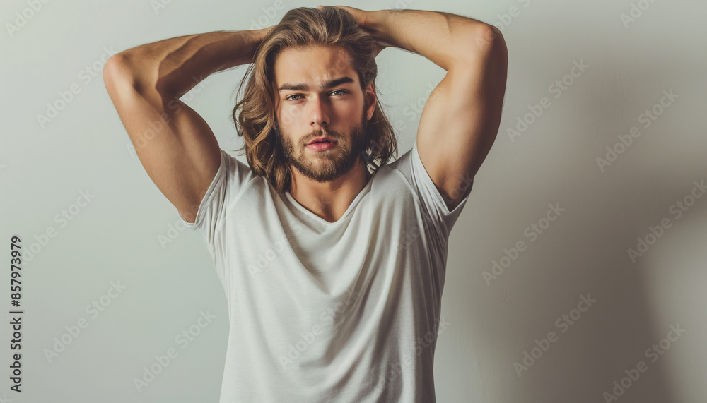 Casual Bearded Man with Long Hair and Strong Arms in a White Shirt Posing Against a Neutral Background for Fashion and Lifestyle Photography
Casual Bearded Man with Long Hair and Strong Arms in a White Shirt Posing Against a Neutral Background for Fashion and Lifestyle Photography