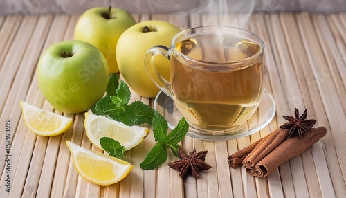 Fragrance oil with cinnamon and anise. Scented coffee with cinnamon and anise on wood. Hot tea with honey, lemon, mint, and apple. Spicy tea with spices. Immune-boosting tea.