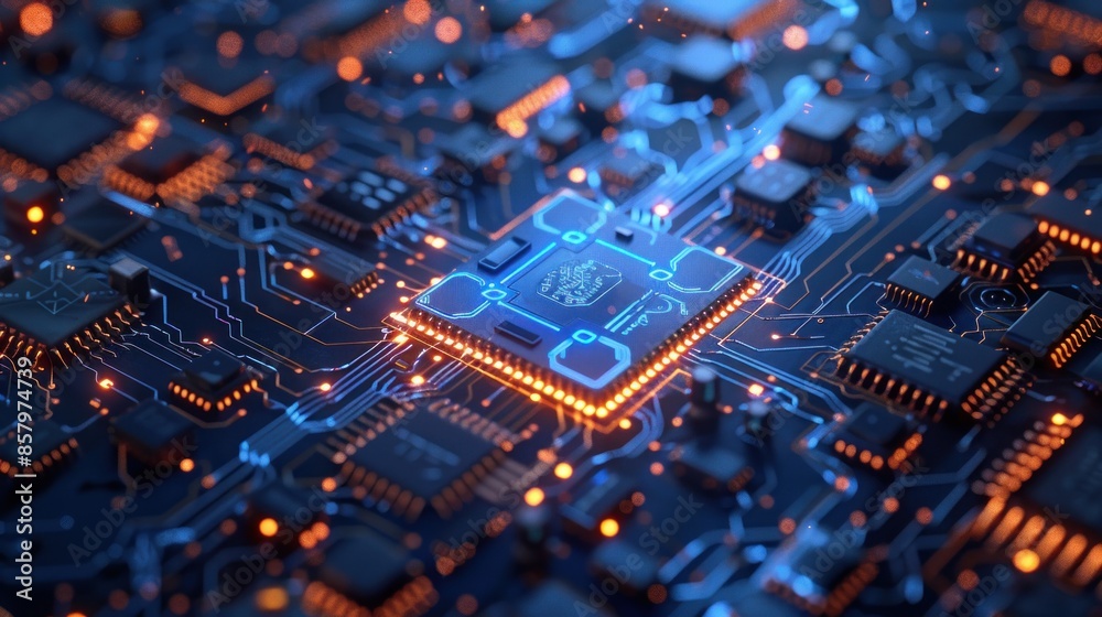 Circuit Board with Glowing CPU