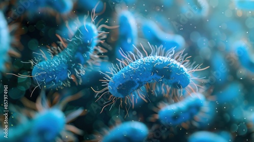 In a microscopic tableau, azure bacterial cells with delicate, hair-like appendages drift within a fluidic milieu. These microbial entities offer a glimpse into the unseen world of pathogens.  © Best