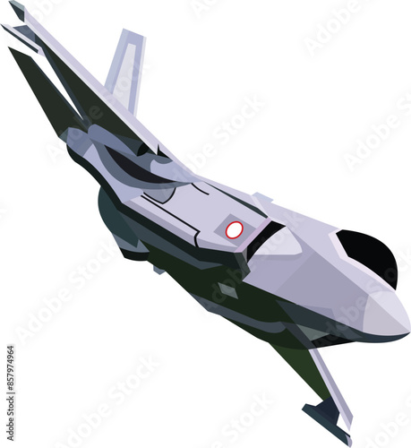 vector image. a black and gray F-35 jet fighter plane is in the air and maneuvering to dive down