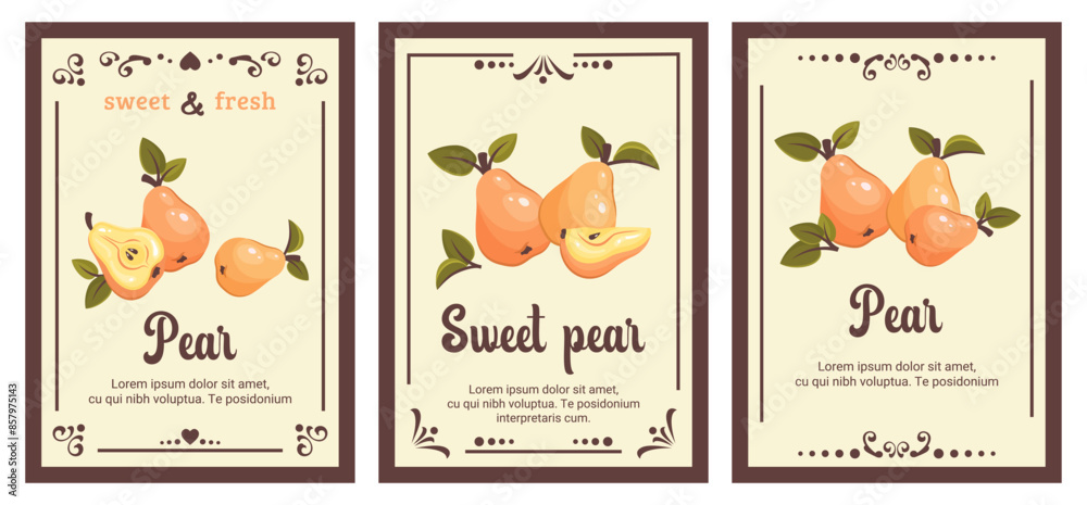Fototapeta premium Set of vintage cards with pears. Fresh ripe whole and slices of pear. Healthy Sweet vitamin eating. Vintage label. Retro posters with decorative elements. Vector illustration