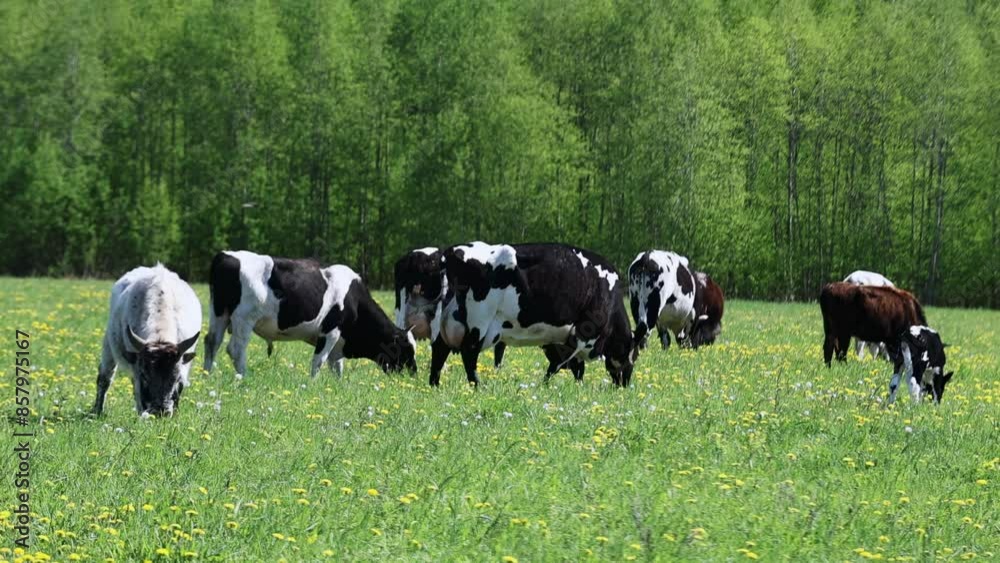 Cows Grazing in Green Meadow on a Sunny Day with Yellow Flowers and Lush Forest Background Cows Grazing in Green Meadow on a Sunny Day with Yellow Flowers and Lush Forest Background