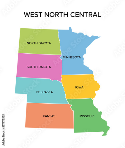 West North Central states, multi colored political map. United States Census division of the Midwest region consisting of Iowa, Kansas, Minnesota, Missouri, Nebraska, North Dakota, and South Dakota.