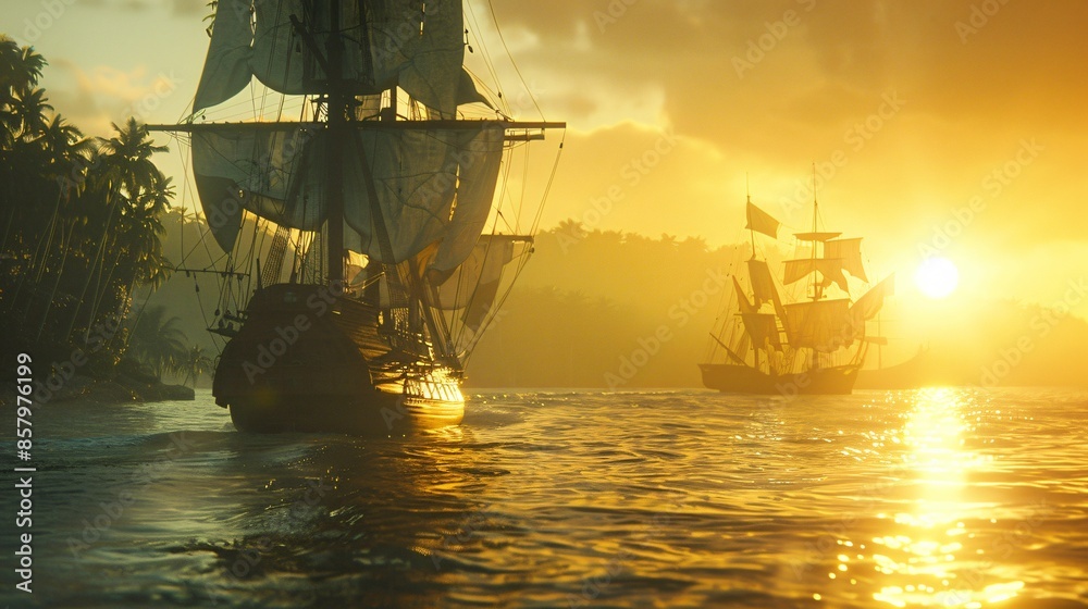 Obraz premium Two Ships Meet On The Shore Of The New World