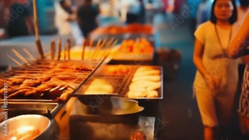 Traditional hot grilled Chinese street food placed in food stalls with smoke and surrounded by diverse people walking in the night market photo