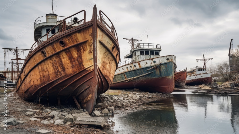 Rusty shipyard with decaying boats, echoes of maritime history Rusty shipyard with decaying boats, echoes of maritime history