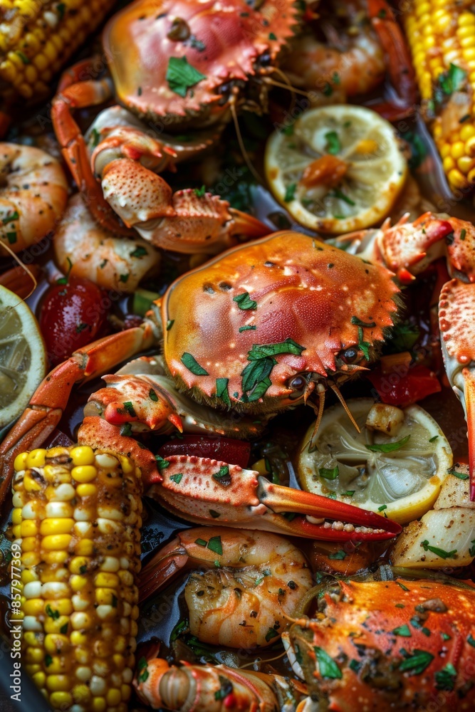 Fototapeta premium A delicious seafood boil featuring crab, shrimp, and corn, perfect for summer enjoyment