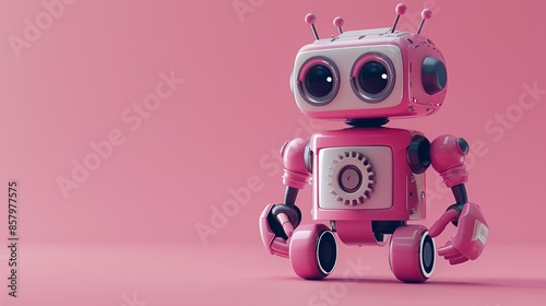 Cute Pink Toy Robot in Minimalistic Pastel Setting with Retro Design photo