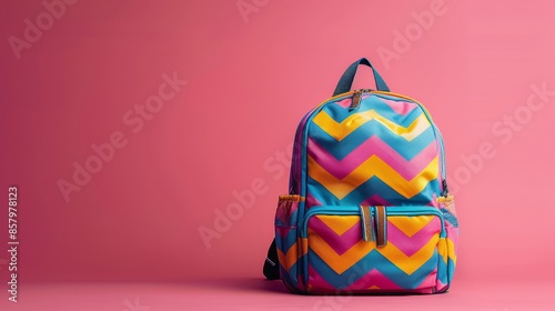 Colorful Chevron Pattern Backpack Against Pink Background photo