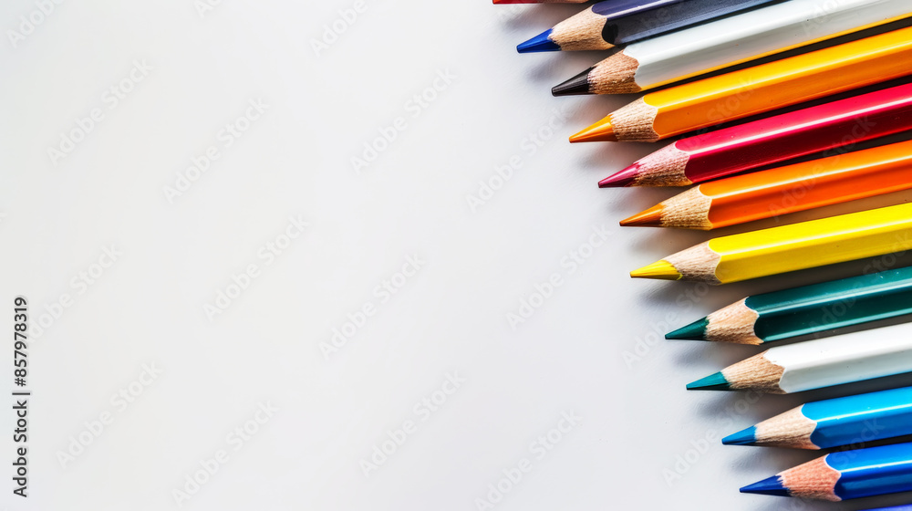Aesthetic white background with colorful pencils. Copy space. Education projects template. Generative AI Aesthetic white background with colorful pencils. Copy space. Education projects template. Generative AI