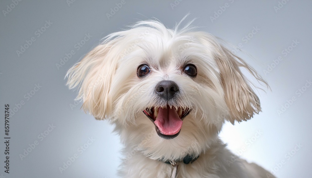 A cute white Maltese dog smiles happily on a light background. Ideal for advertising and concepts related to pets. A cute white Maltese dog smiles happily on a light background. Ideal for advertising and concepts related to pets.