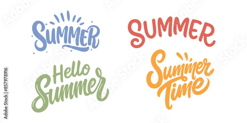 Summer season lettering set. Vector illustration. Hand drawn design elements.