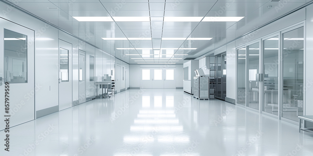 Empty hospital corridor with white walls and doors Empty hospital corridor with white walls and doors