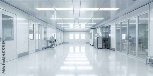 Empty hospital corridor with white walls and doors