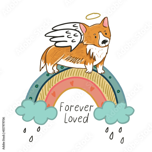 Cute hand drawn vector illustration of a corgi on a rainbow.