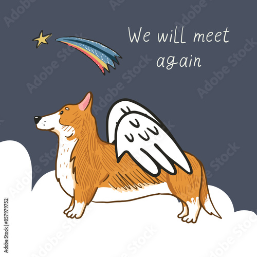Dead corgi dog, pet loss vector illustration, memorial card.