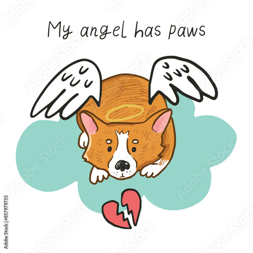 Dead corgi dog, pet loss vector illustration, memorial card.
