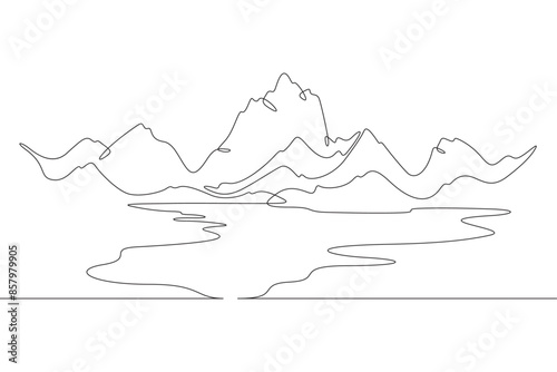 Beautiful mountain landscape. Alpine meadows. Crystal mountain lake. One continuous line drawing on a white isolated background. Minimalism linear illustration.