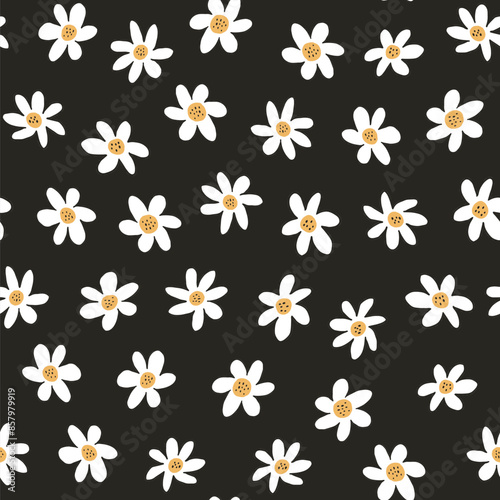 Seamless pattern with white daisies on black background.