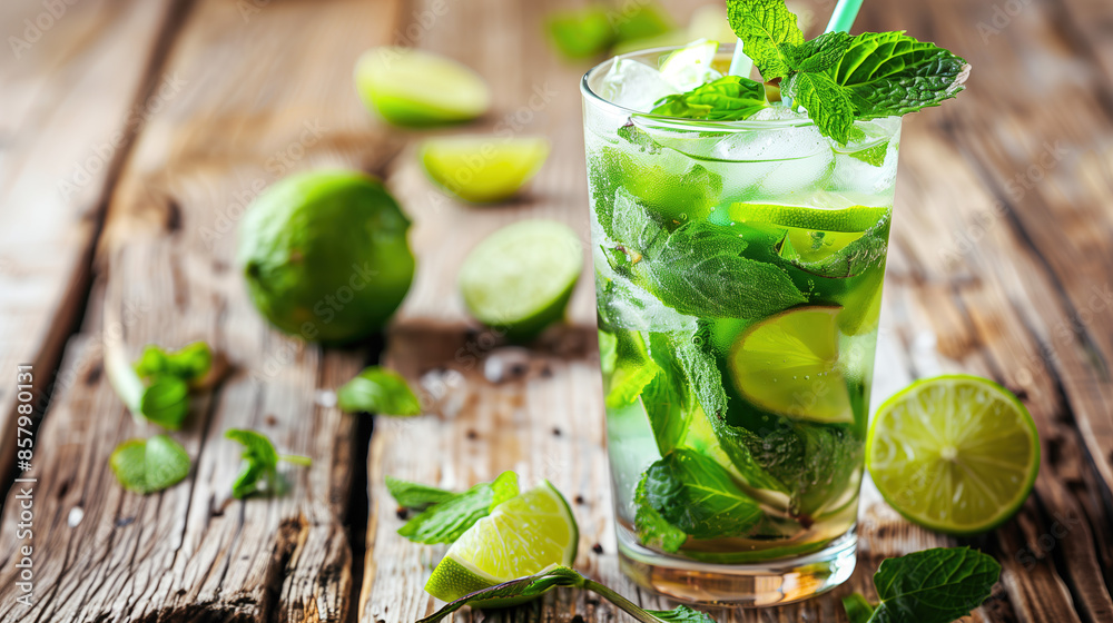 A vibrant mojito cocktail with fresh mint leaves and lime slices in a highball glass A vibrant mojito cocktail with fresh mint leaves and lime slices in a highball glass