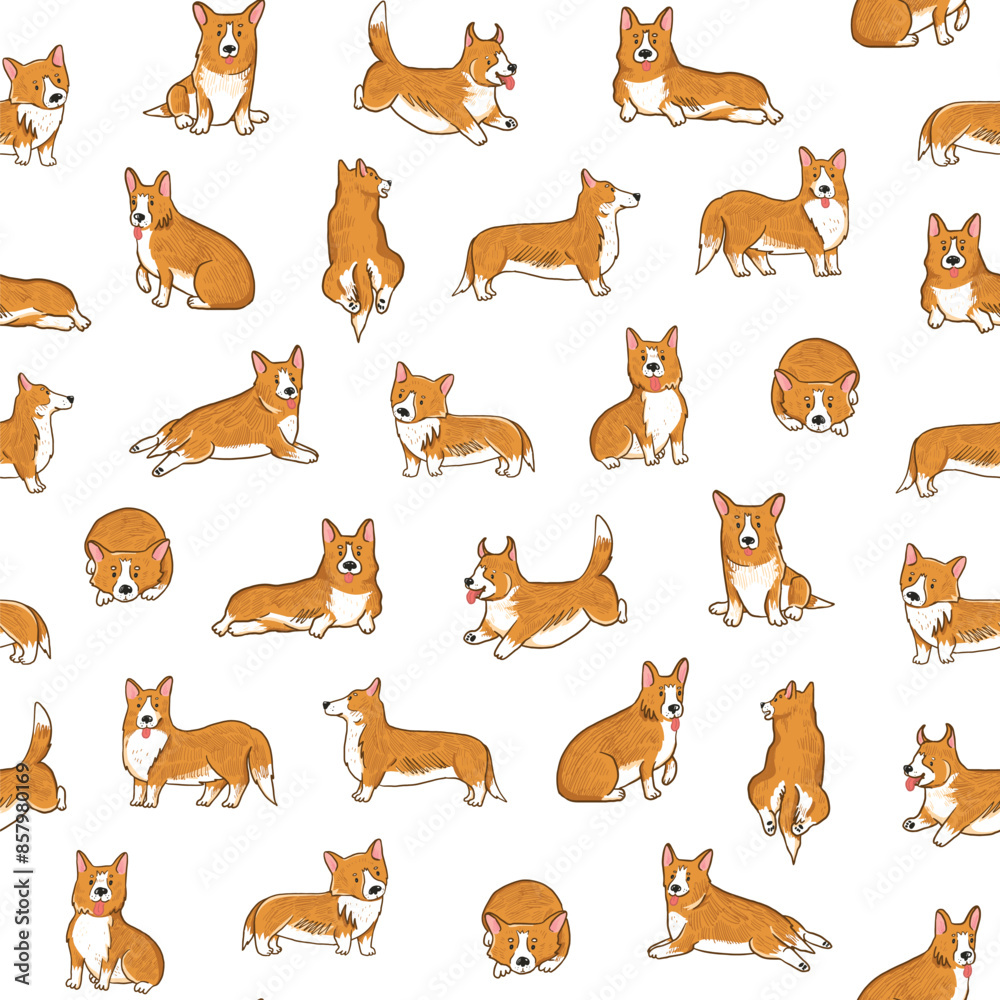 Obraz premium Corgi dog vector illustrations seamless pattern.