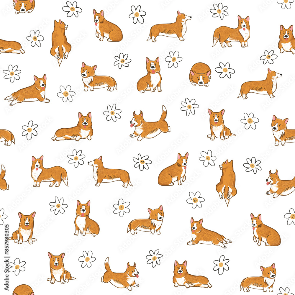Obraz premium Cute corgi dogs and flowers seamless pattern. Vector illustration.