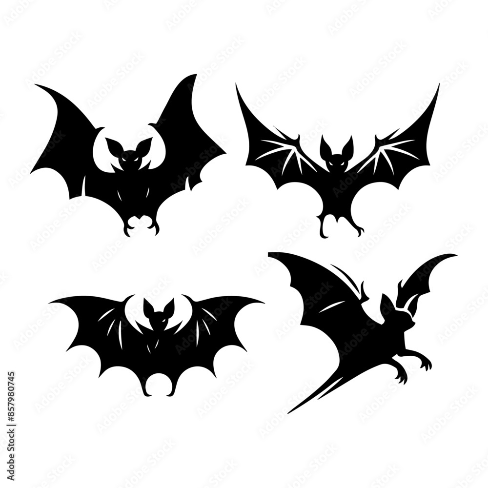Fototapeta premium angry bat silhouette set black and white, Bat with wings spread silhouette