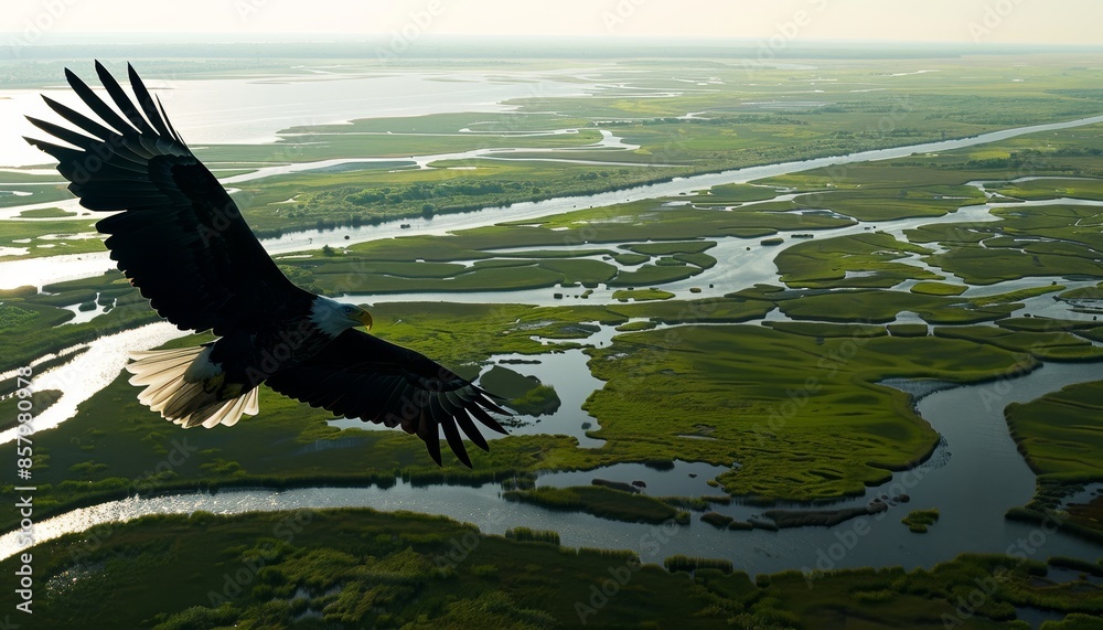Obraz premium Eagle Soaring Over Lush Marshlands with Intricate Water Patterns