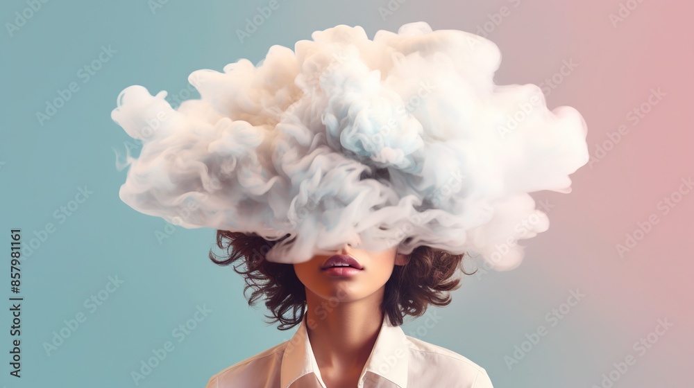 Contemporary art collage of female portrait, face covered with cloud isolated over pastel background. Contemporary art collage of female portrait, face covered with cloud isolated over pastel background.