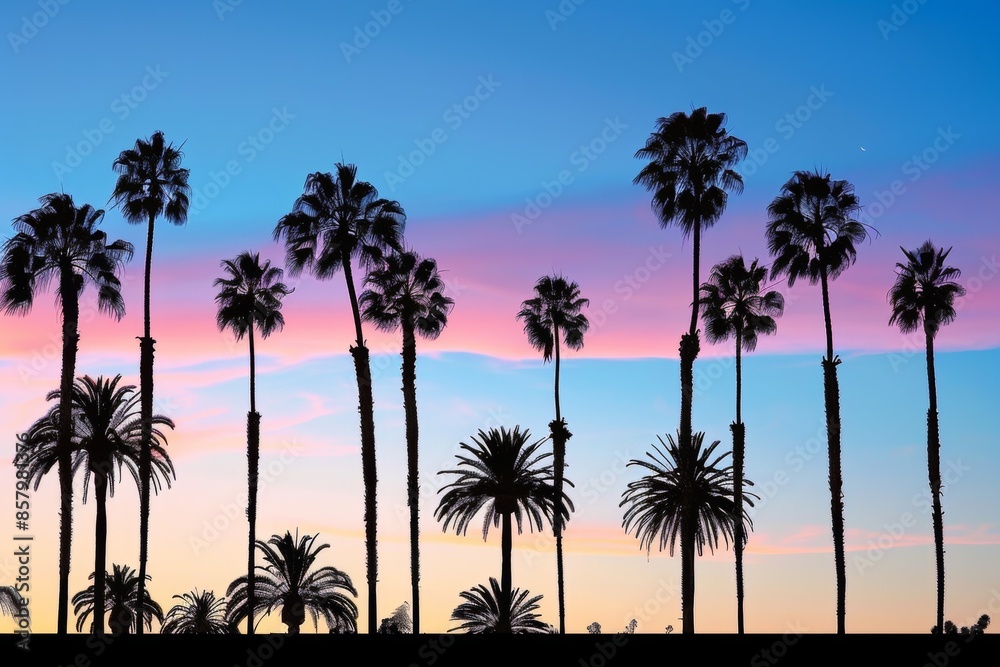 Obraz premium Sunset palms silhouettes against vibrant twilight sky