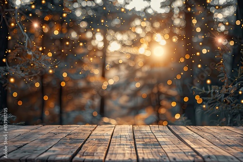 A wooden table with a forest background and a light shining on it. The light creates a warm and cozy atmosphere © At My Hat