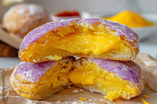 Close-up of a vibrant purple and yellow filled doughnut with tropical fruit filling photo